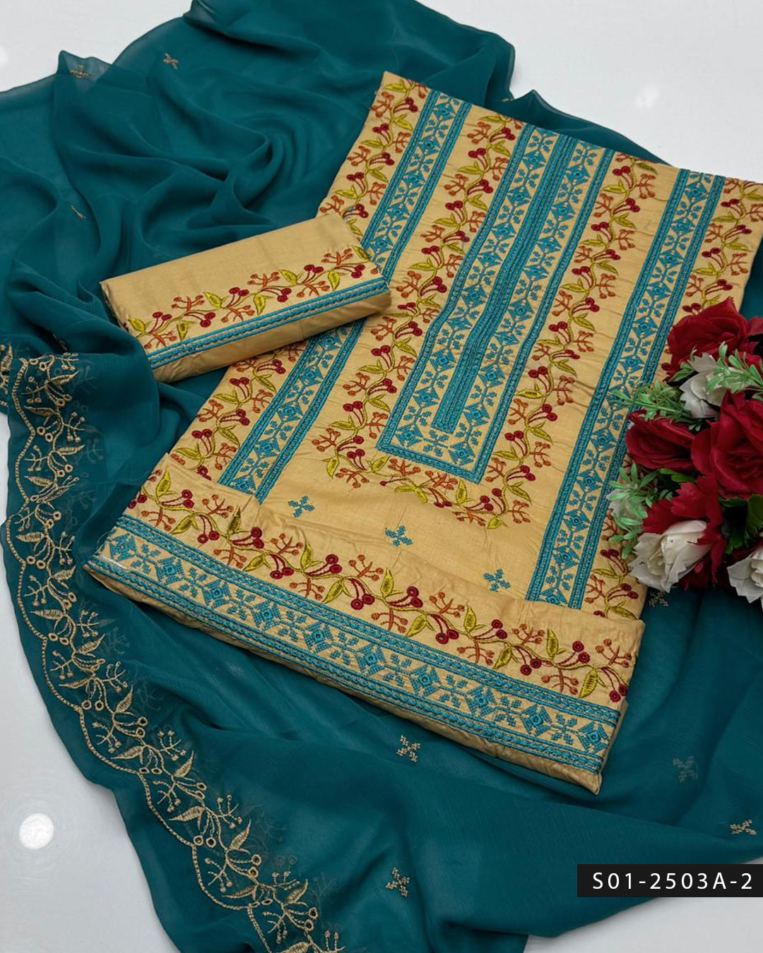 3PC Lawn Machine Embroidered Dress with Chiffon Dupatta