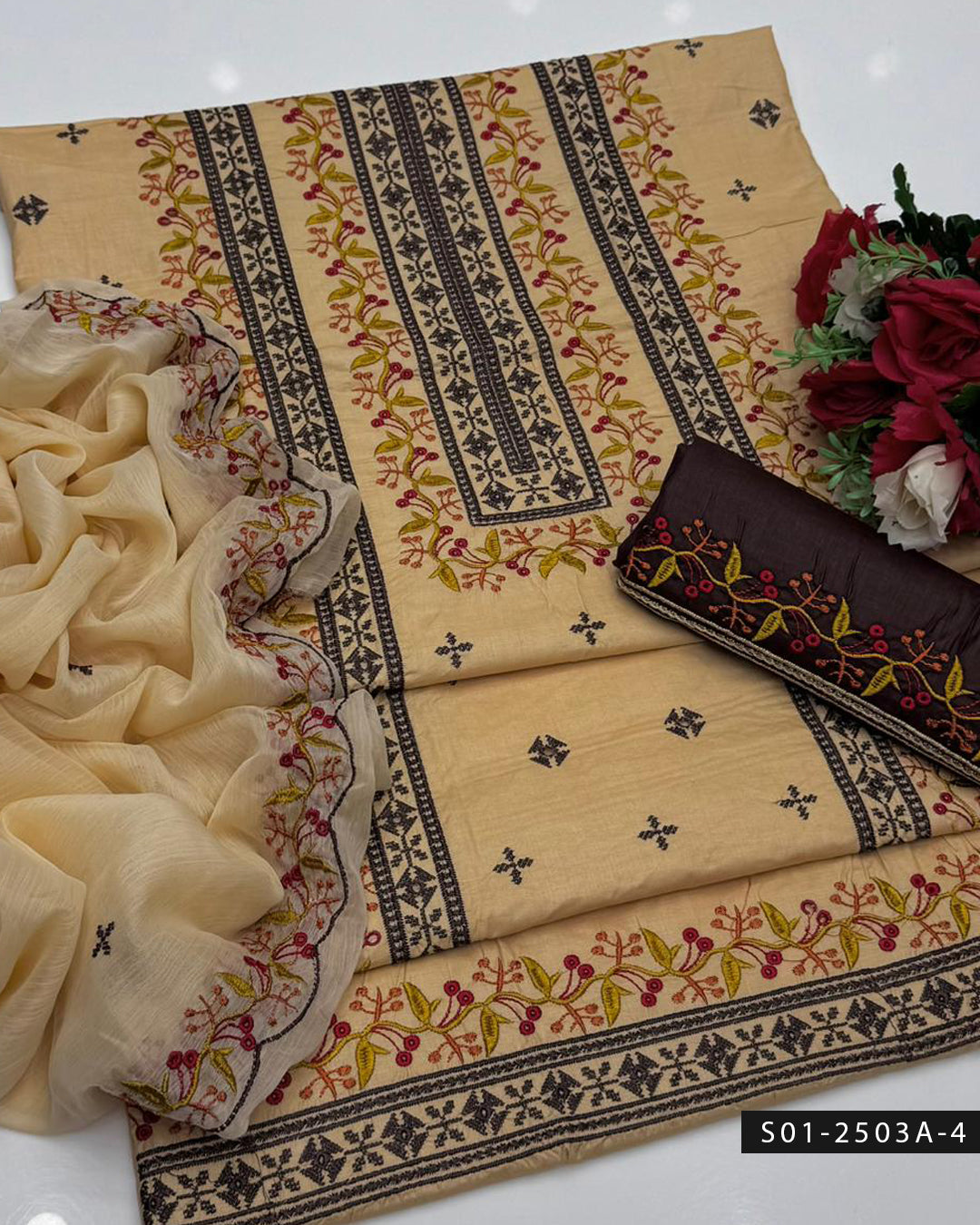 3PC Lawn Machine Embroidered Dress with Chiffon Dupatta