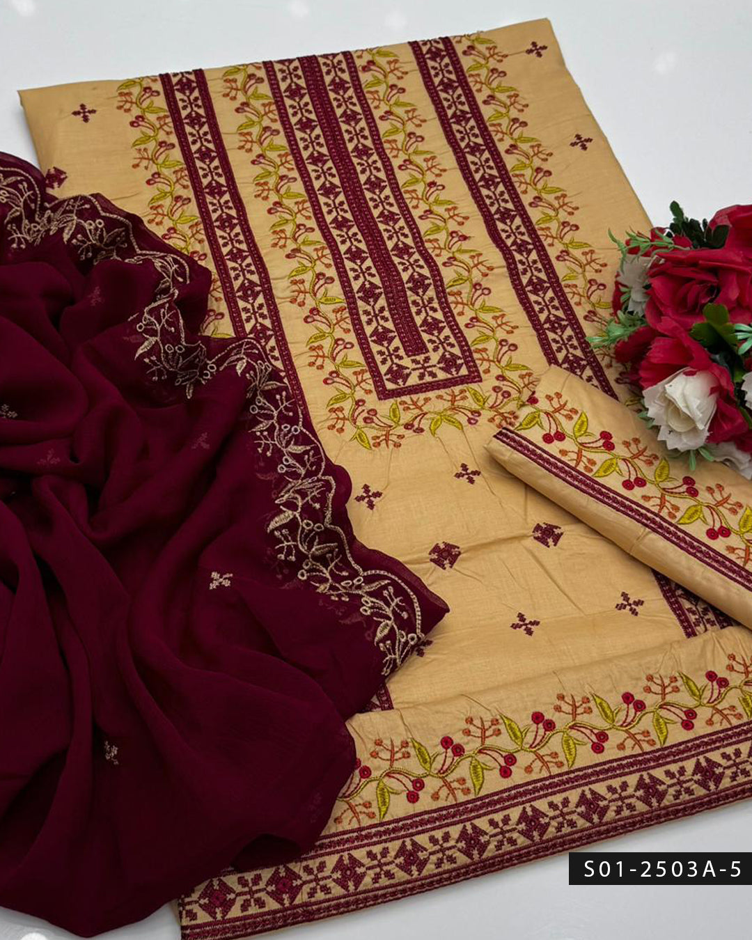 3PC Lawn Machine Embroidered Dress with Chiffon Dupatta