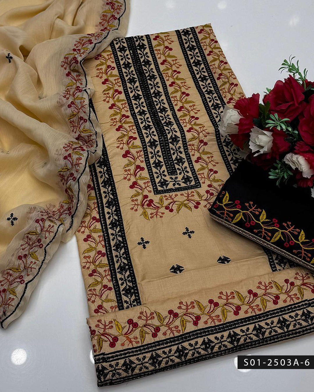 3PC Lawn Machine Embroidered Dress with Chiffon Dupatta