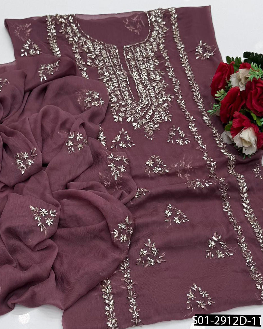 2PC Hand-Embroidered Chiffon Dress with LCD Gotta Work – Festive Collection