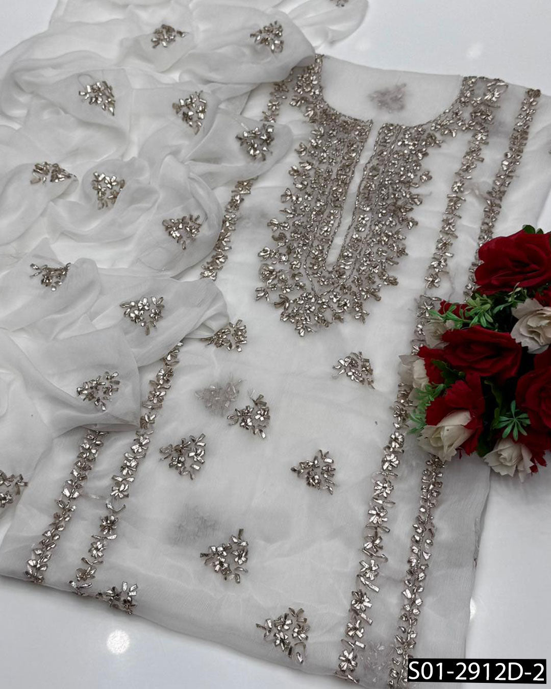 2PC Hand-Embroidered Chiffon Dress with LCD Gotta Work – Festive Collection