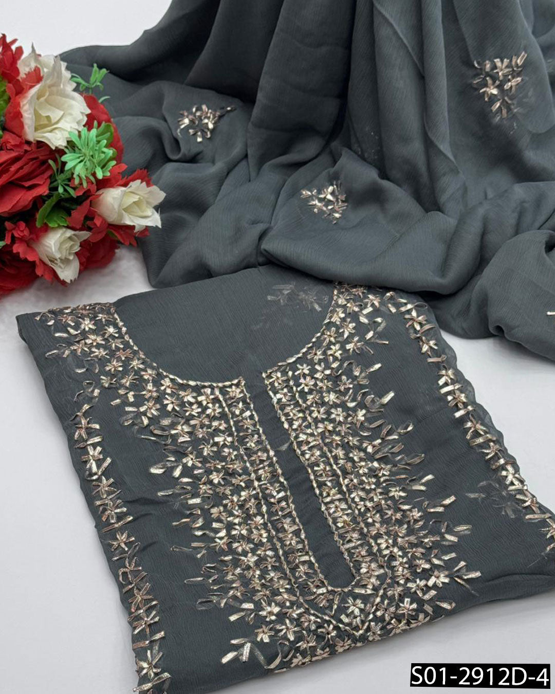 2PC Hand-Embroidered Chiffon Dress with LCD Gotta Work – Festive Collection