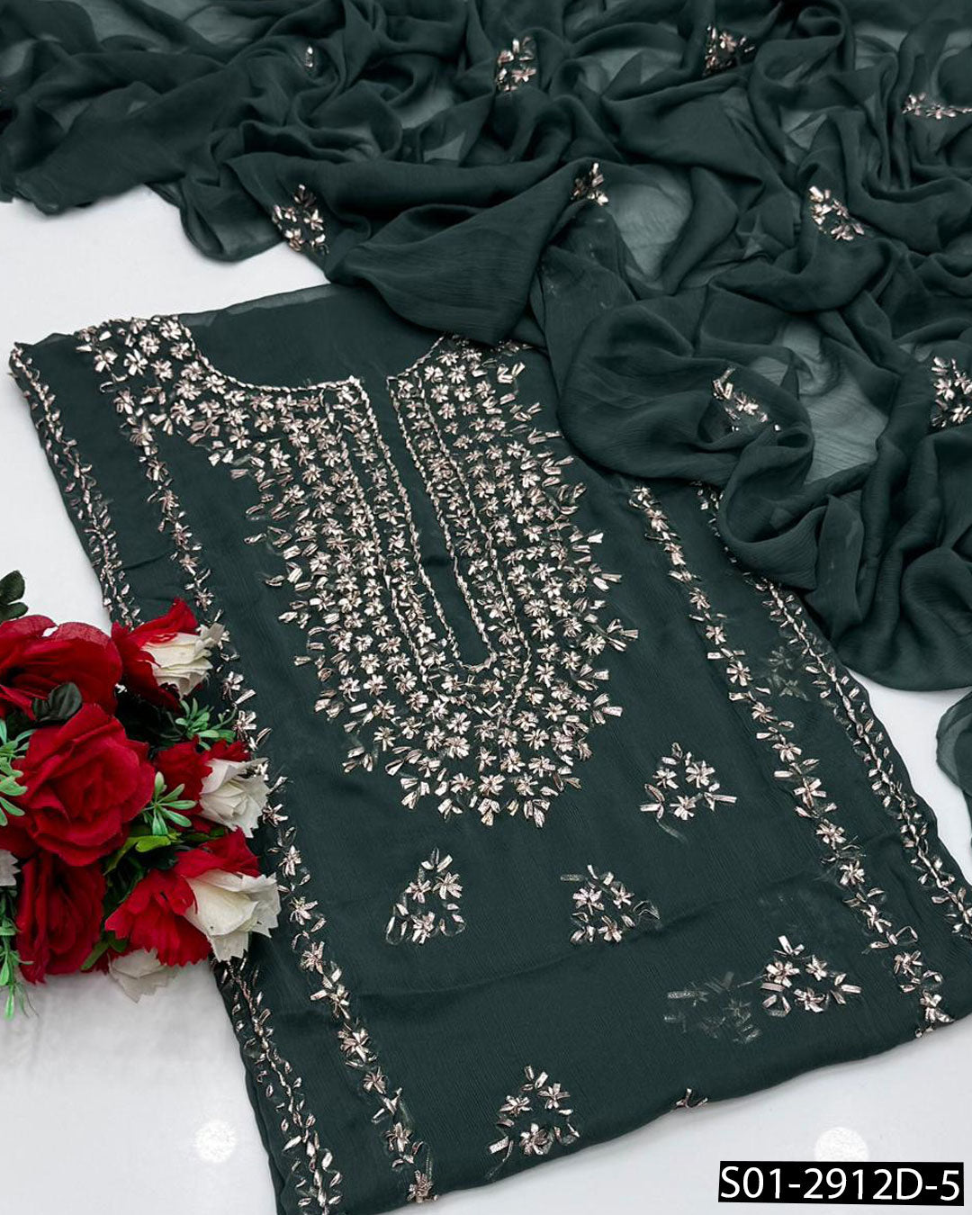2PC Hand-Embroidered Chiffon Dress with LCD Gotta Work – Festive Collection