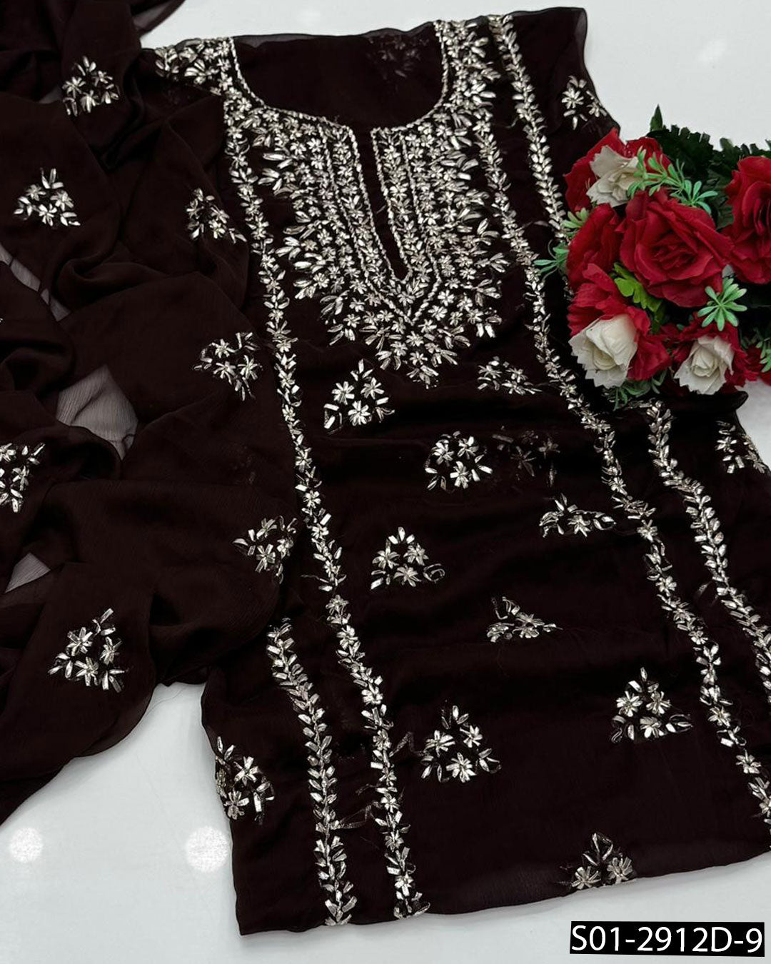 2PC Hand-Embroidered Chiffon Dress with LCD Gotta Work – Festive Collection