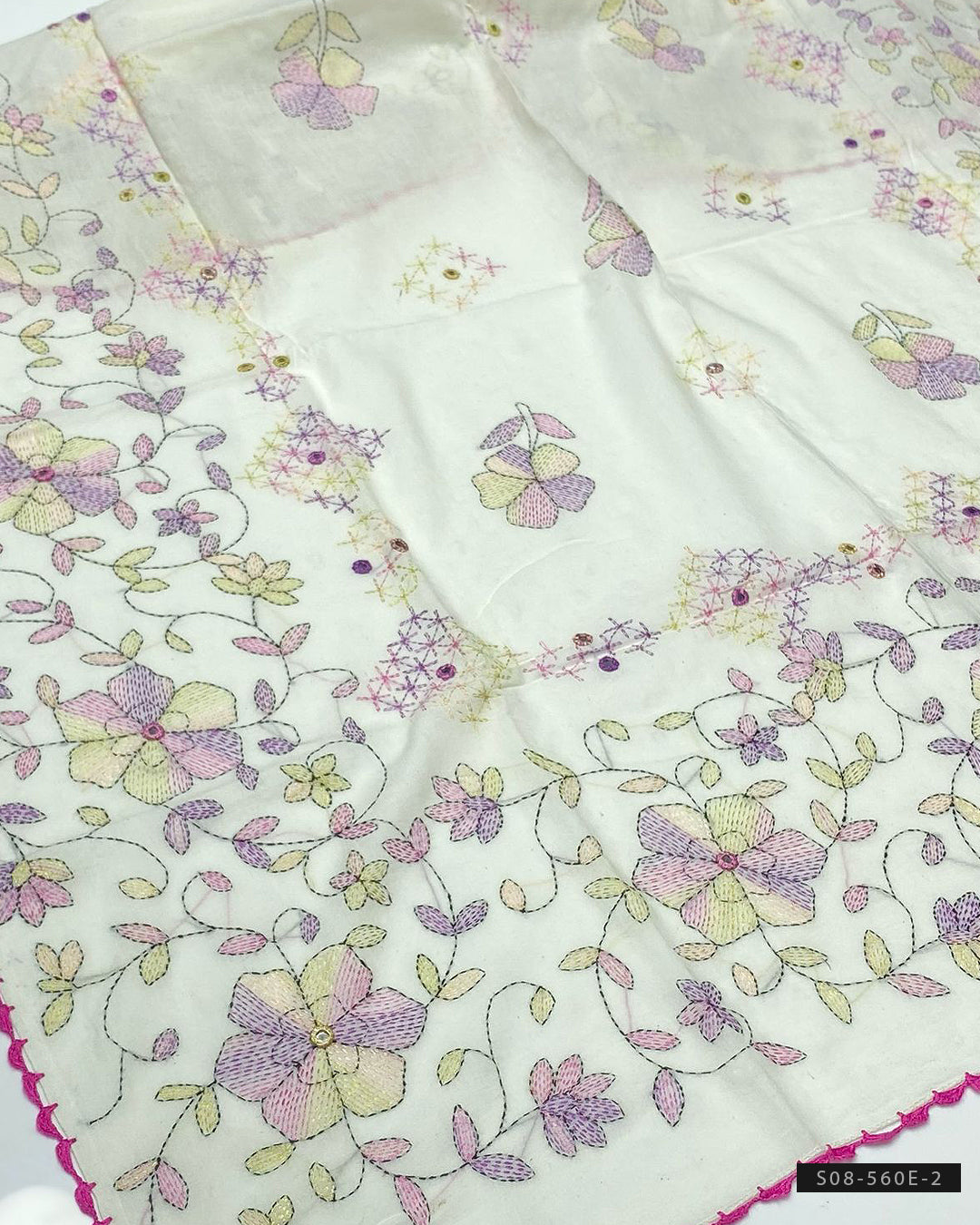 Hand Embroidered Kacha Chawal Sheesha Work Lawn Chaddar