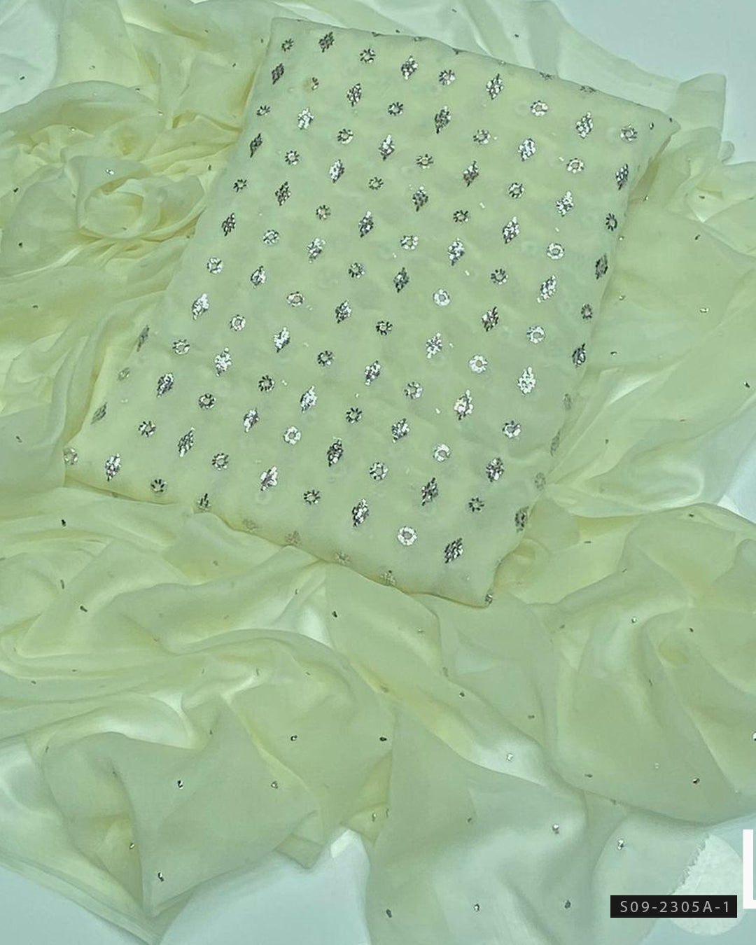 Handmade 2 PC Unstitched Chiffon Dress – Barfi Ring Mukesh Work Shirt & Dupatta