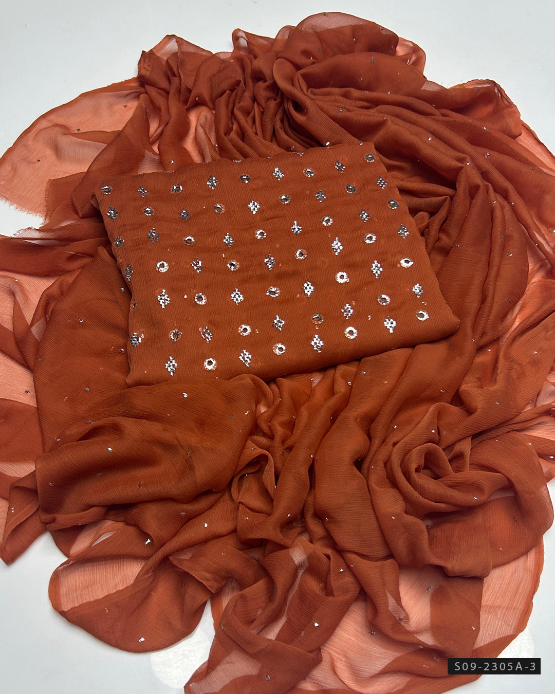 Handmade 2 PC Unstitched Chiffon Dress – Barfi Ring Mukesh Work Shirt & Dupatta
