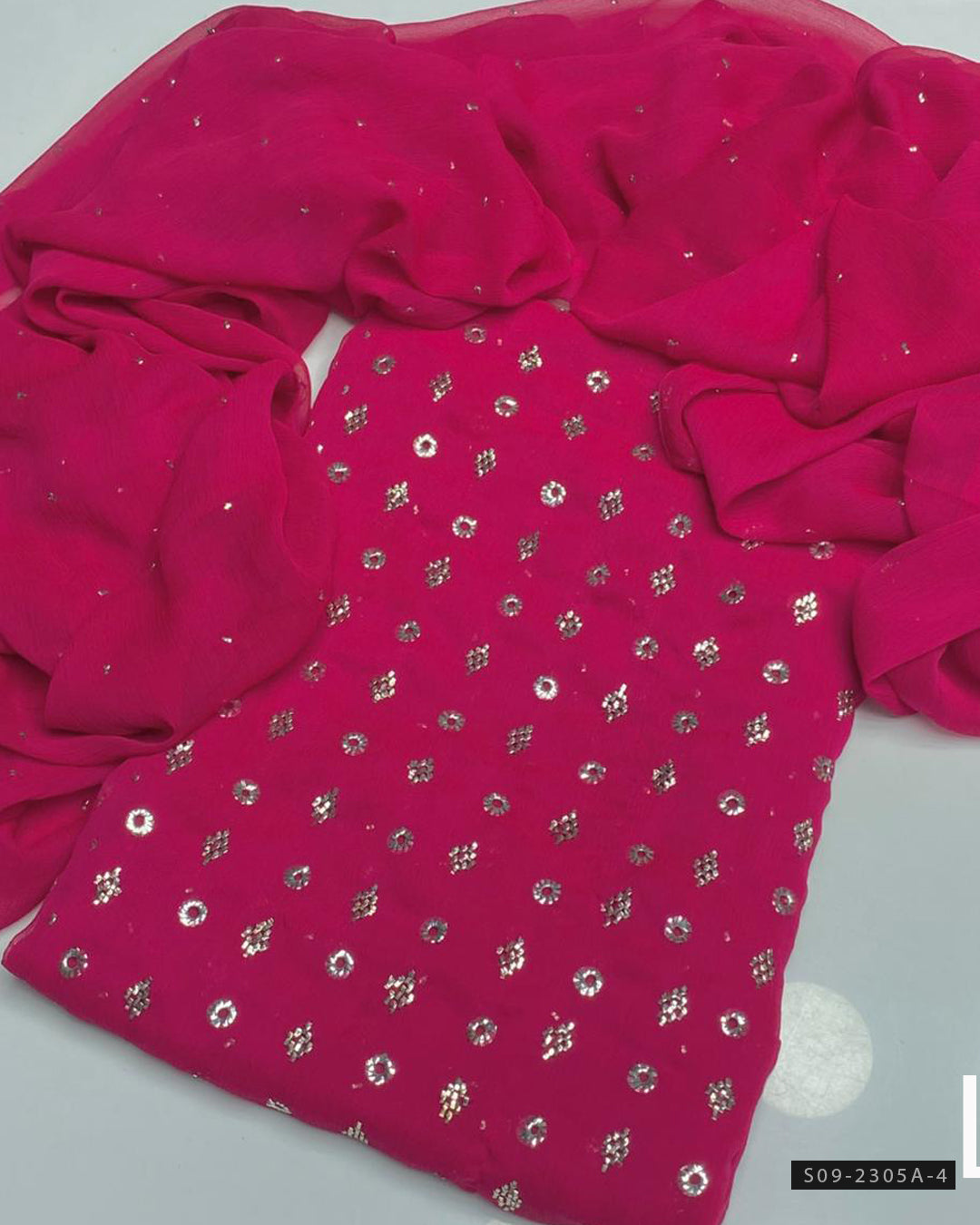 Handmade 2 PC Unstitched Chiffon Dress – Barfi Ring Mukesh Work Shirt & Dupatta