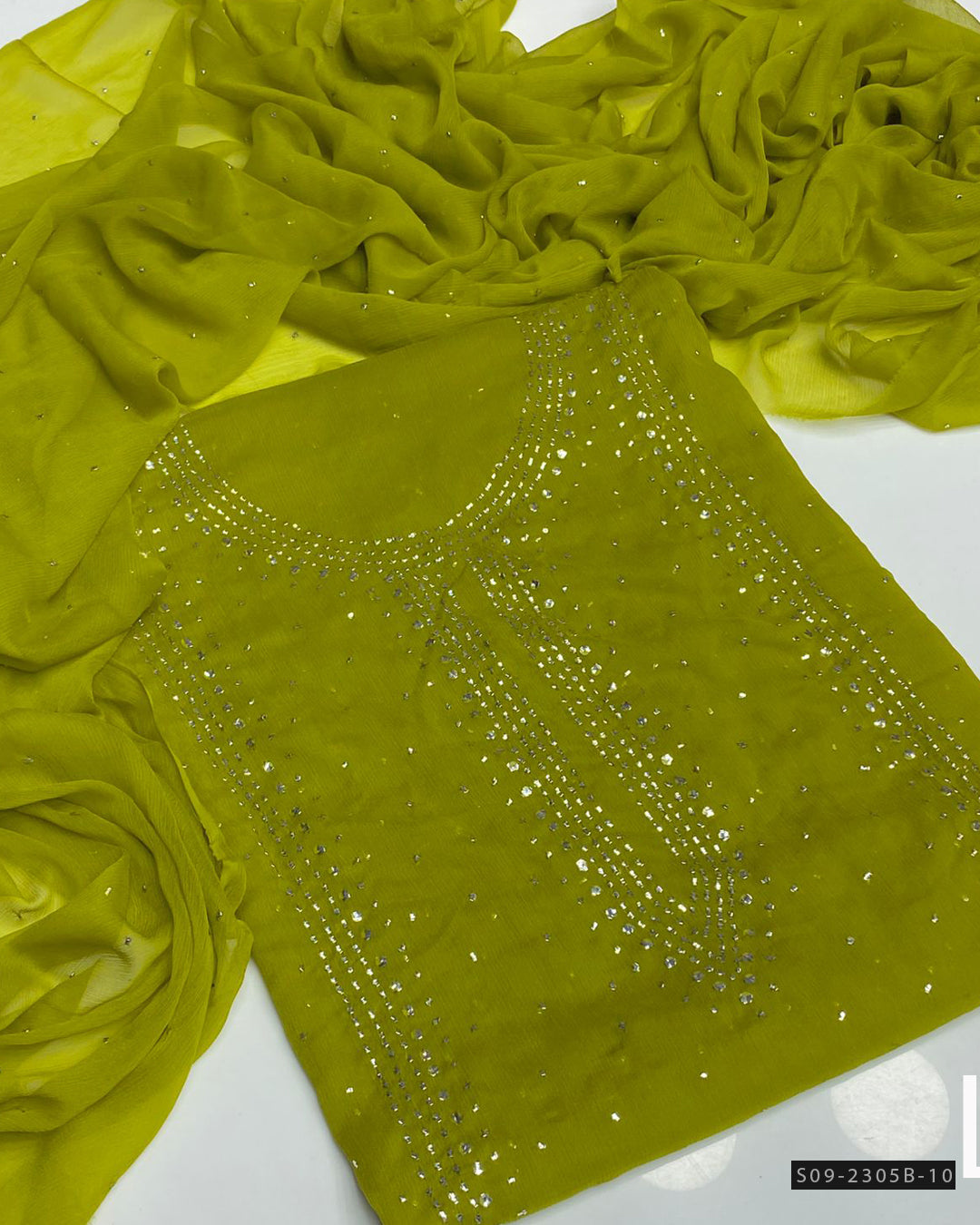 2 PC Unstitched Chiffon Mukesh Work Dress – Kurta Bail Design with Dupatta Spray
