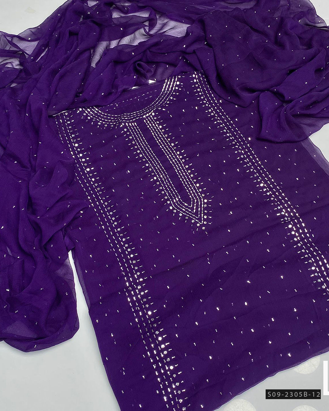 2 PC Unstitched Chiffon Mukesh Work Dress – Kurta Bail Design with Dupatta Spray