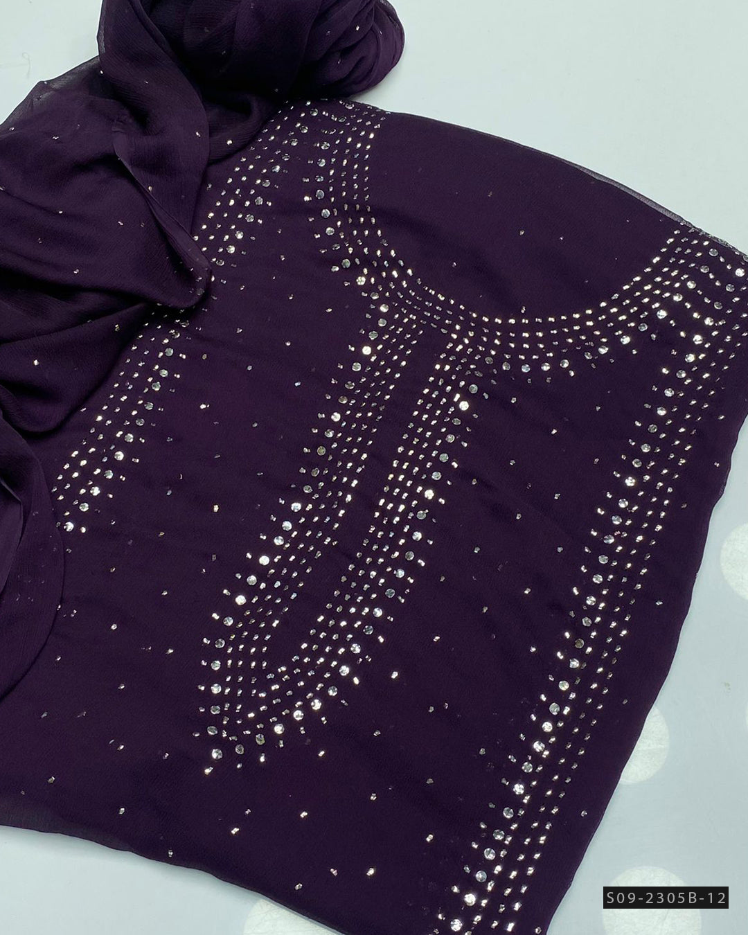 2 PC Unstitched Chiffon Mukesh Work Dress – Kurta Bail Design with Dupatta Spray