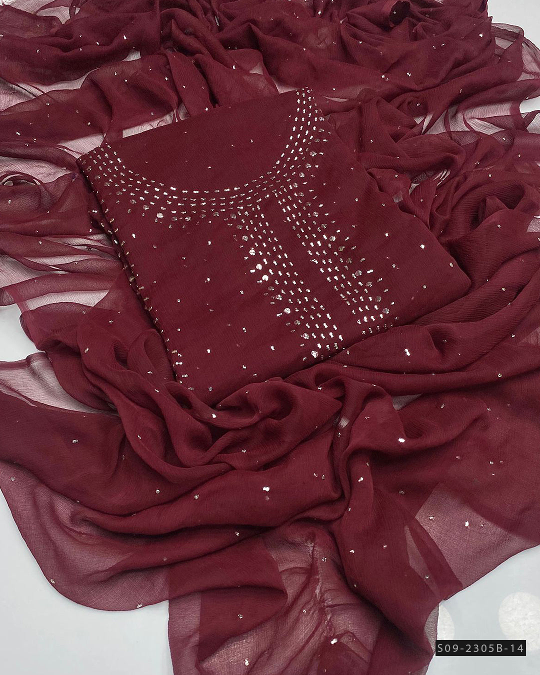 2 PC Unstitched Chiffon Mukesh Work Dress – Kurta Bail Design with Dupatta Spray