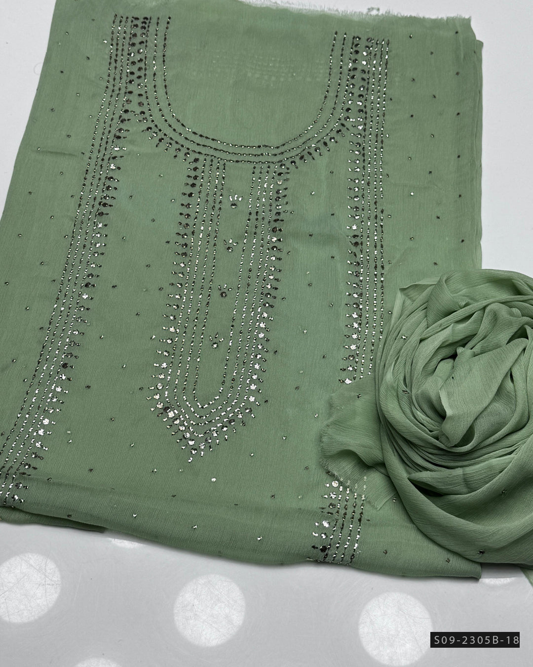 2 PC Unstitched Chiffon Mukesh Work Dress – Kurta Bail Design with Dupatta Spray