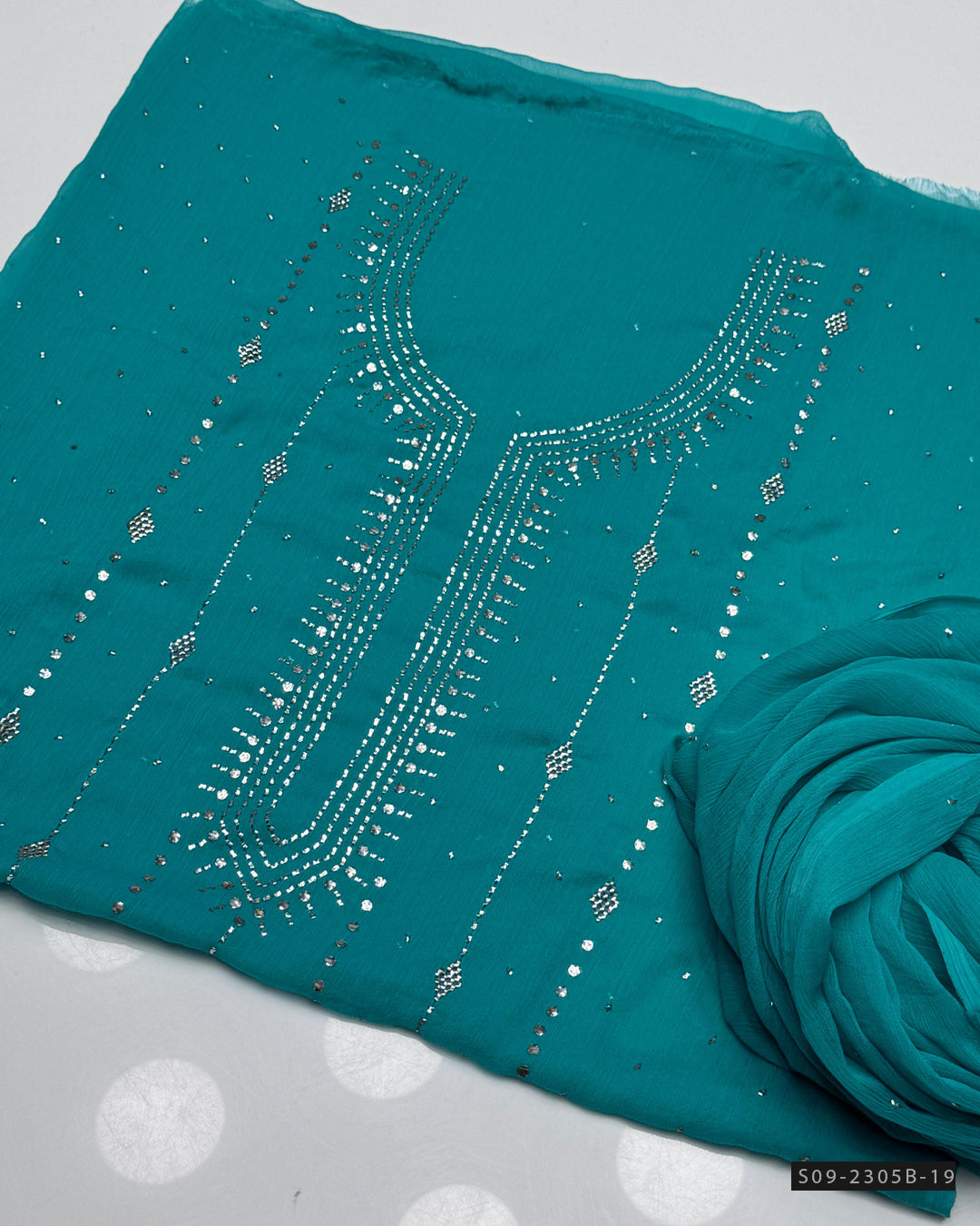 2 PC Unstitched Chiffon Mukesh Work Dress – Kurta Bail Design with Dupatta Spray