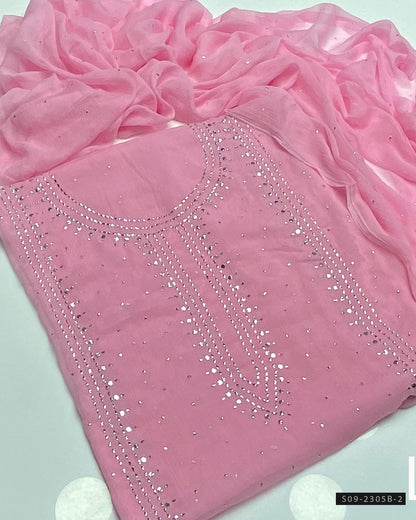 2 PC Unstitched Chiffon Mukesh Work Dress – Kurta Bail Design with Dupatta Spray