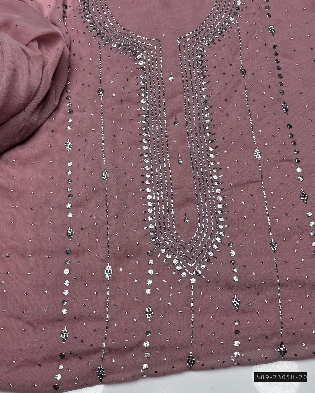 2 PC Unstitched Chiffon Mukesh Work Dress – Kurta Bail Design with Dupatta Spray