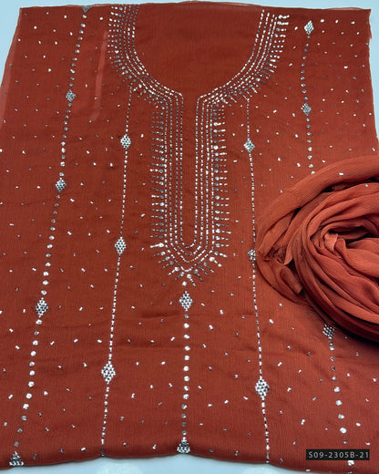 2 PC Unstitched Chiffon Mukesh Work Dress – Kurta Bail Design with Dupatta Spray