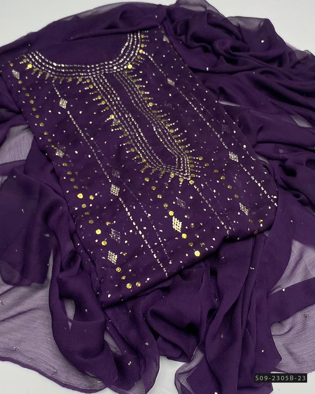 2 PC Unstitched Chiffon Mukesh Work Dress – Kurta Bail Design with Dupatta Spray