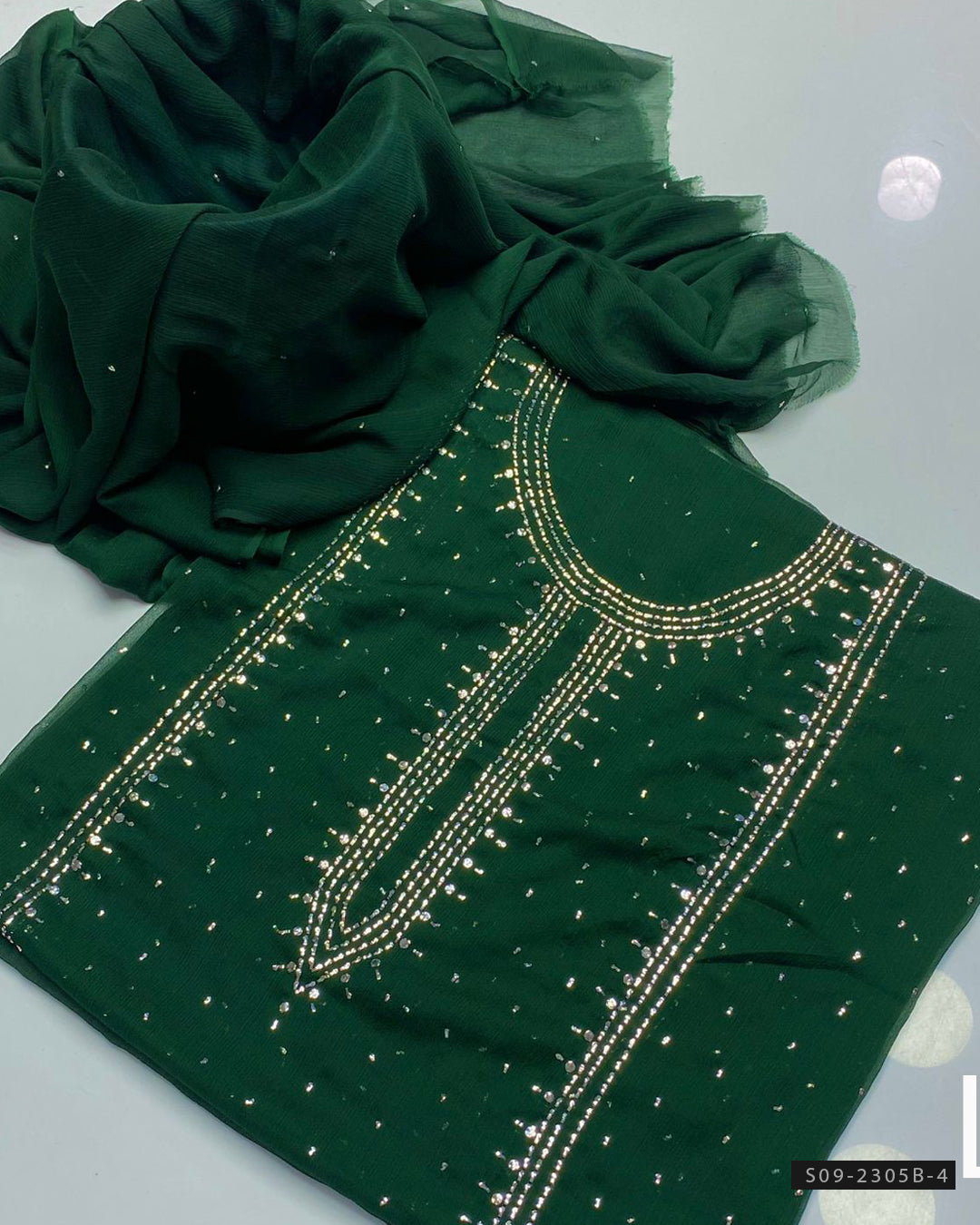 2 PC Unstitched Chiffon Mukesh Work Dress – Kurta Bail Design with Dupatta Spray