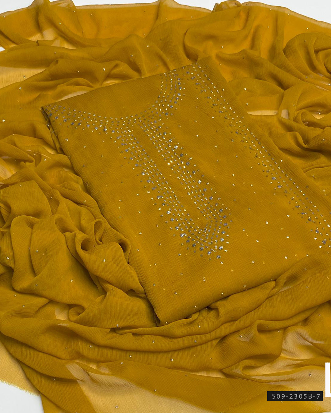 2 PC Unstitched Chiffon Mukesh Work Dress – Kurta Bail Design with Dupatta Spray