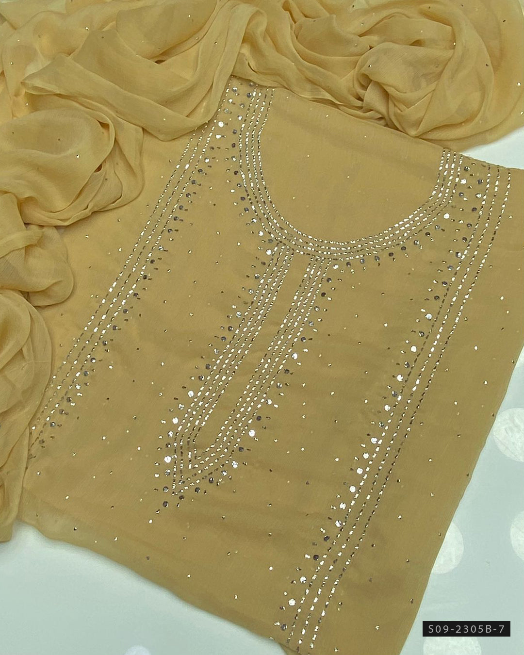 2 PC Unstitched Chiffon Mukesh Work Dress – Kurta Bail Design with Dupatta Spray