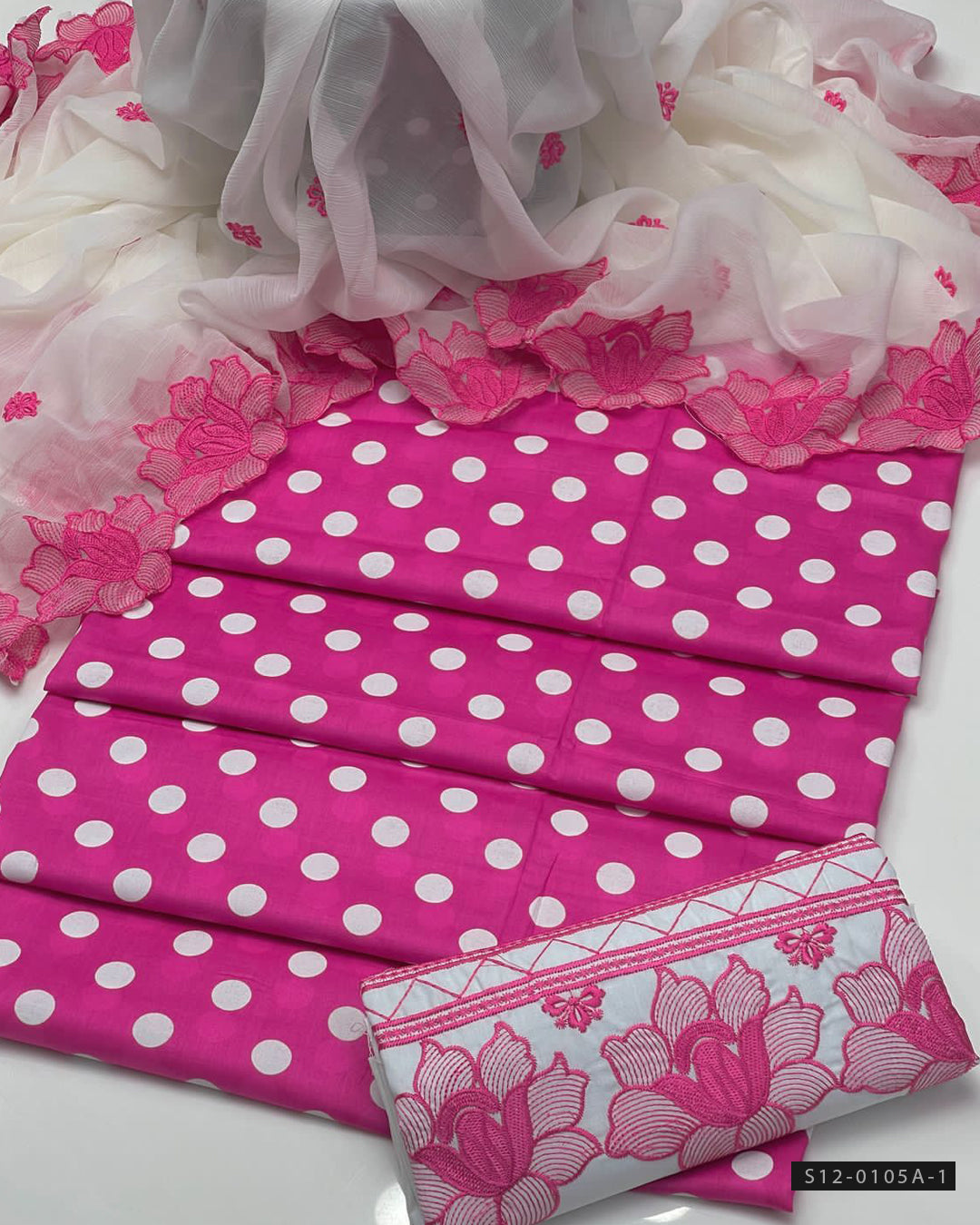 3-PC Unstitched Polka Dot Lawn Dress