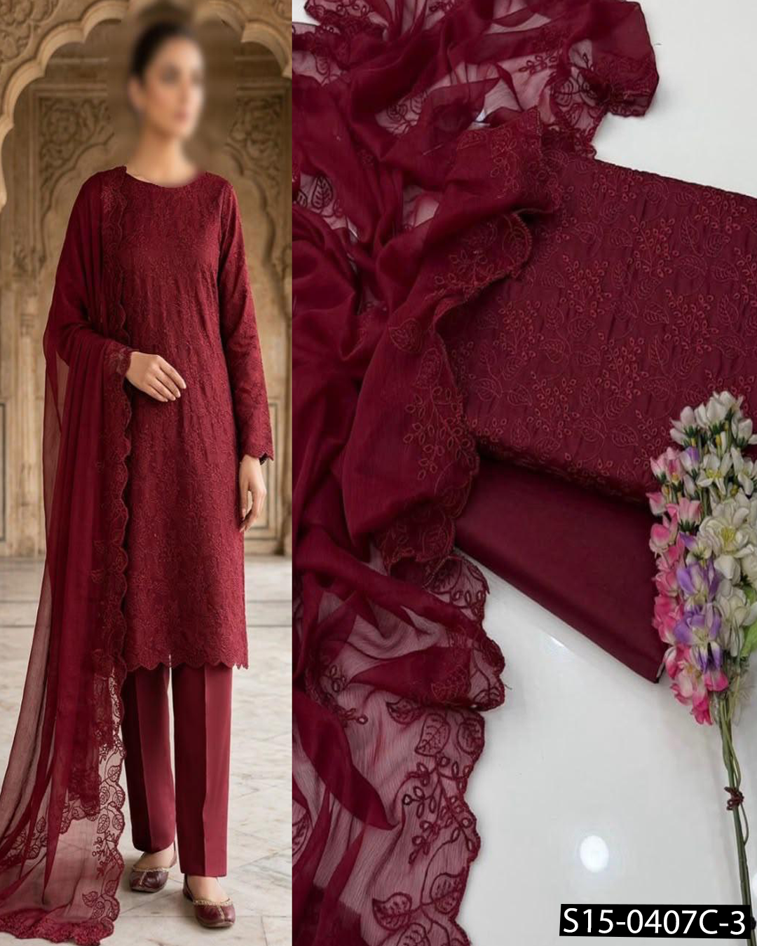 Computer Chikankari Boring Jaal Embroidered 3PC Lawn Suit