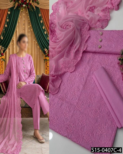 Computer Chikankari Boring Jaal Embroidered 3PC Lawn Suit