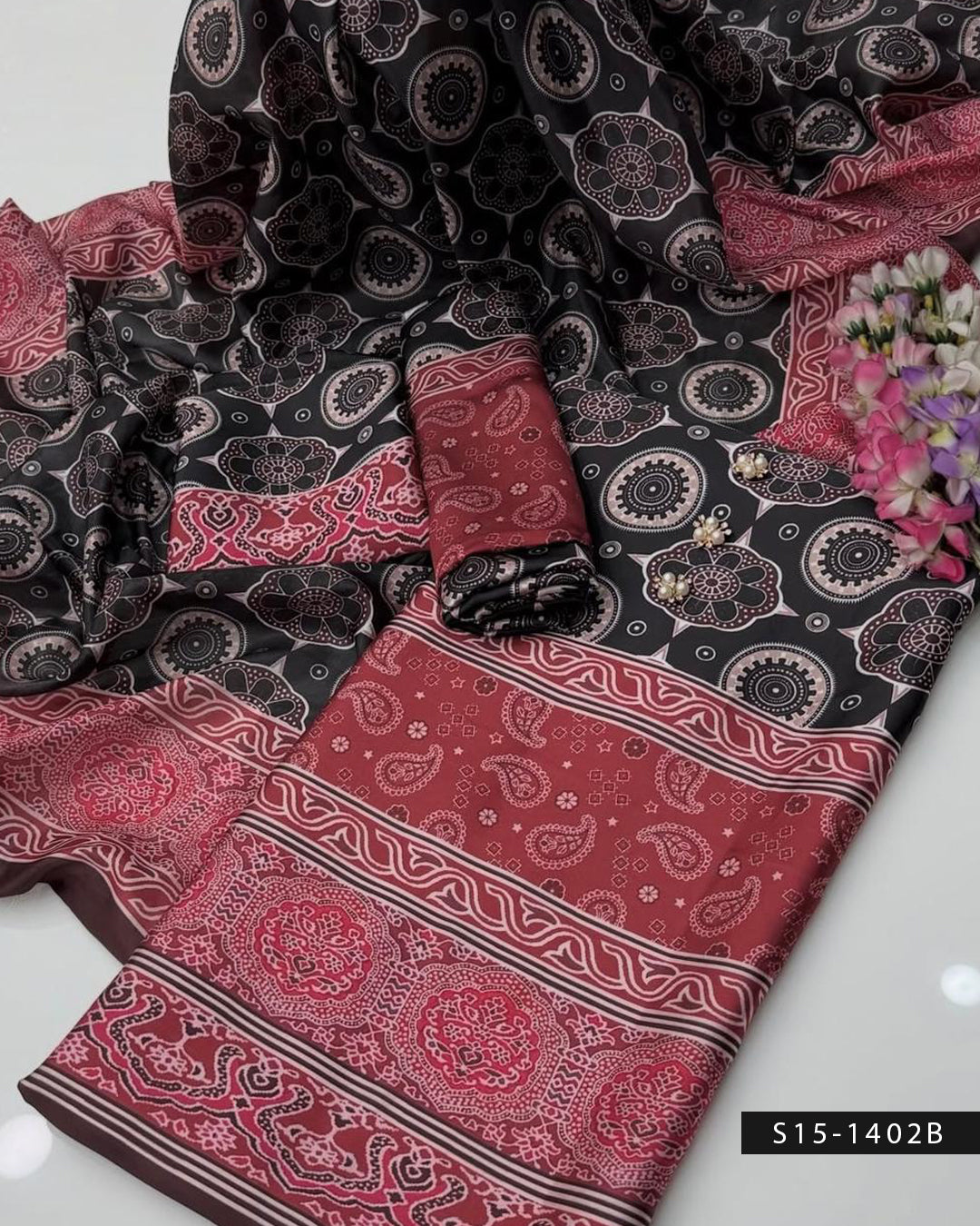 Shamoze Silk Digital Print 3PC Unstitched Dress with Along Silk Dupatta