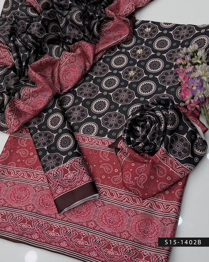 Shamoze Silk Digital Print 3PC Unstitched Dress with Along Silk Dupatta