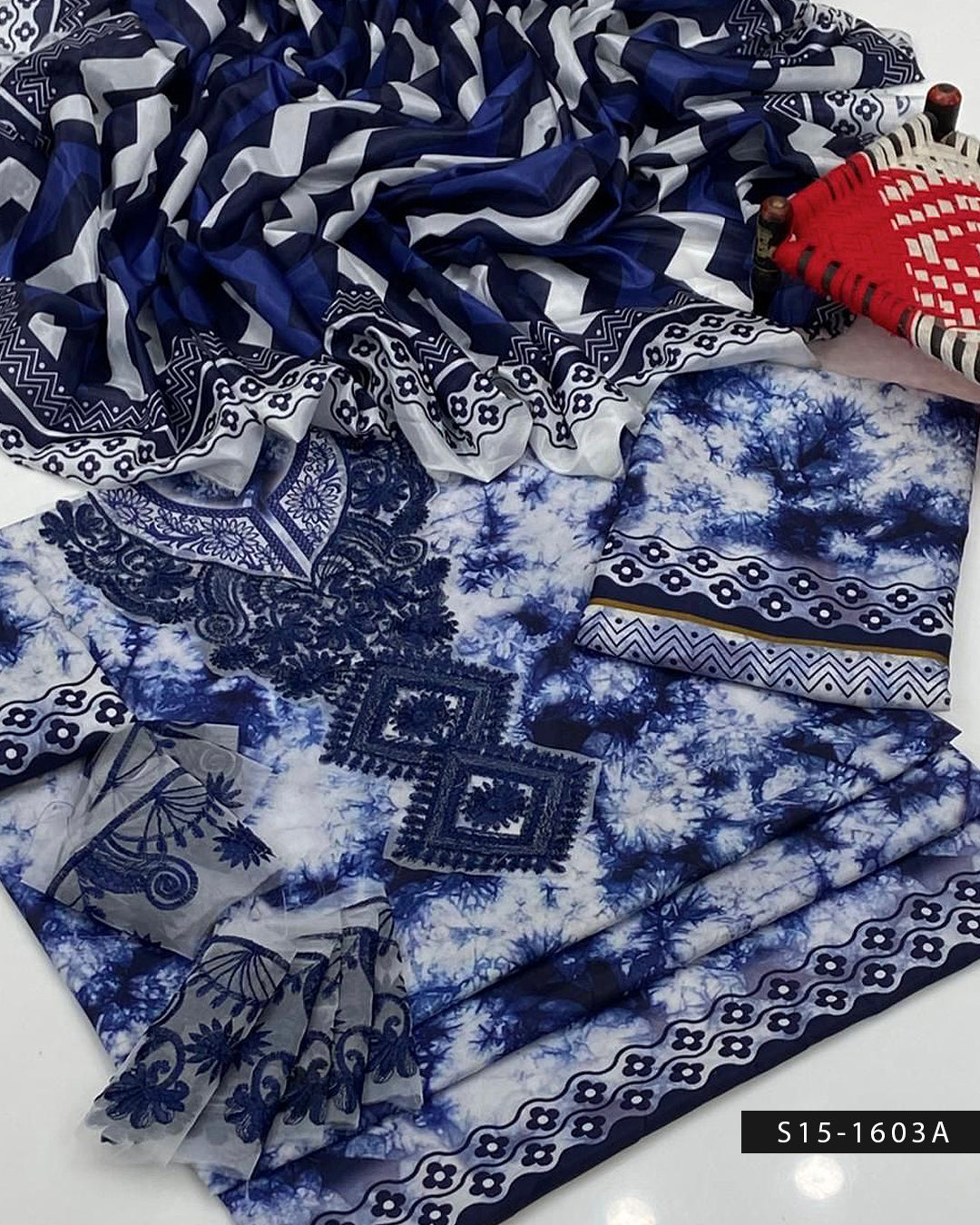 3PC Swiss Lawn Tie & Dye Dress with Embroidered Gala & Daman Patch