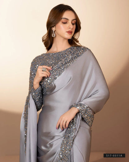 Grey Party Wear Silk Saree with Elegant Sequin Work