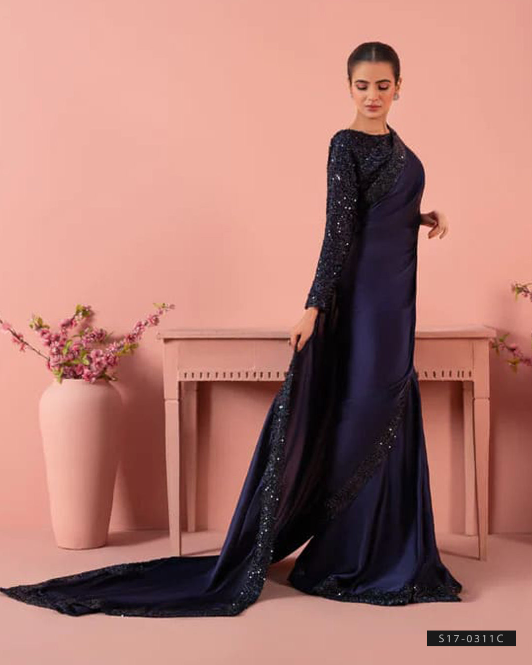 Navy Blue Party Wear Silk Saree with Elegant Sequin Work