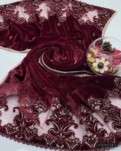 Winter Velvet Shawl – Cut Work & Sequin Embroidery