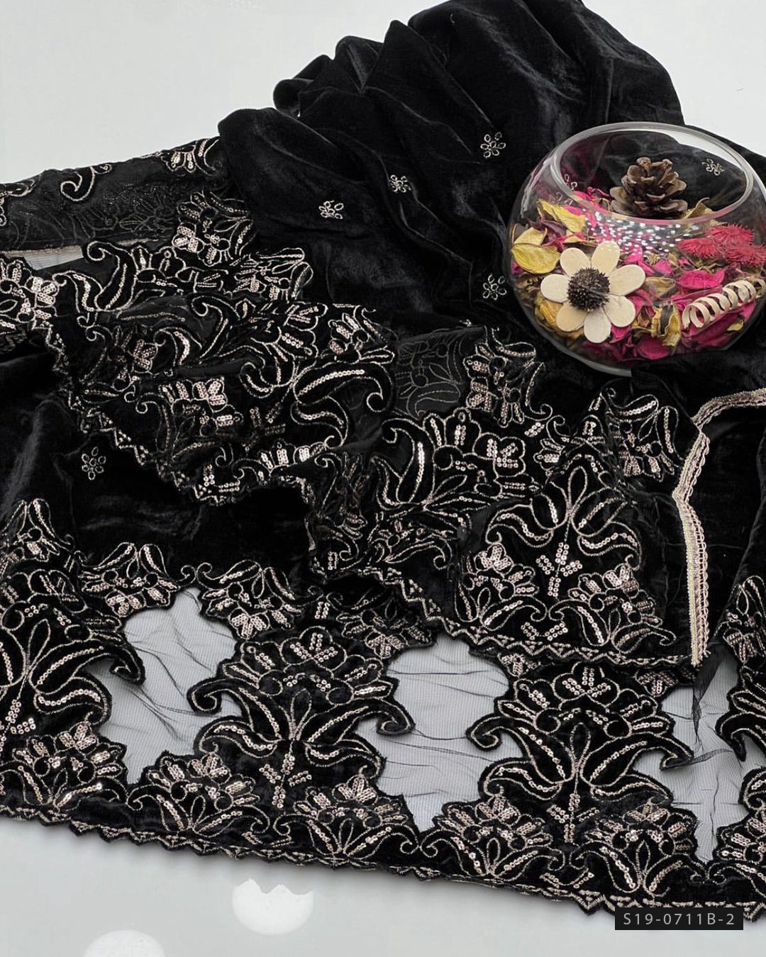 Winter Velvet Shawl – Cut Work & Sequin Embroidery