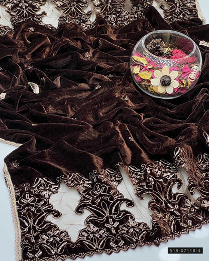 Winter Velvet Shawl – Cut Work & Sequin Embroidery