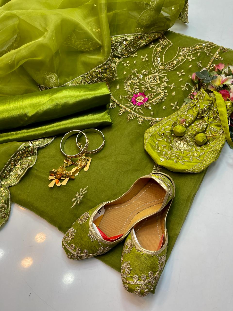 Handmade Unstitched 3 PC Organza Molty Gala Embroidery Shirt & Dupatta With Kathan Trouser S32-010324A