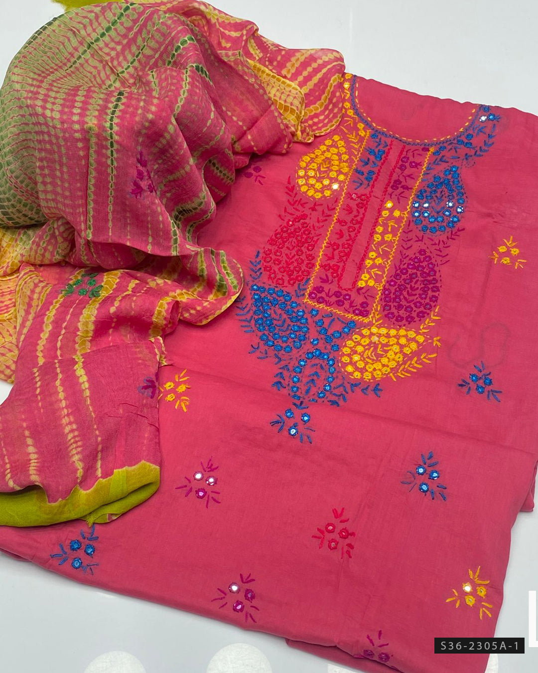 3-Piece Hand Embroidered Lawn Suit with Tie & Dye Chiffon Dupatta