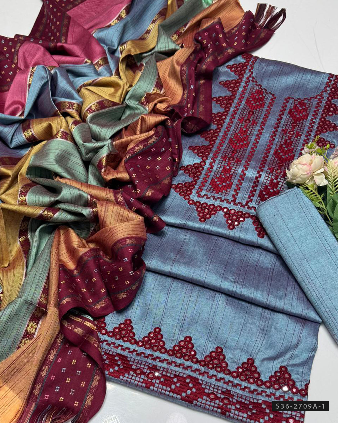 3 PC Unstitched Labossi Embroidered Dress
