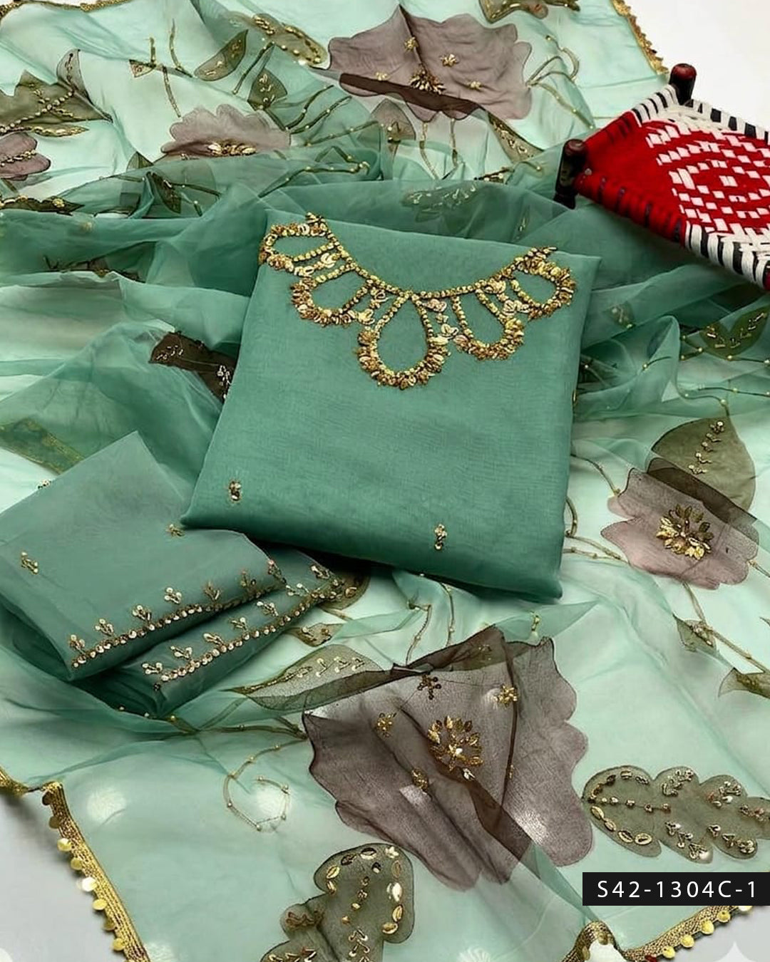 2PC Handmade Organza Dress with Stones, Beads & Zari Work with Oil-Painted Dupatta