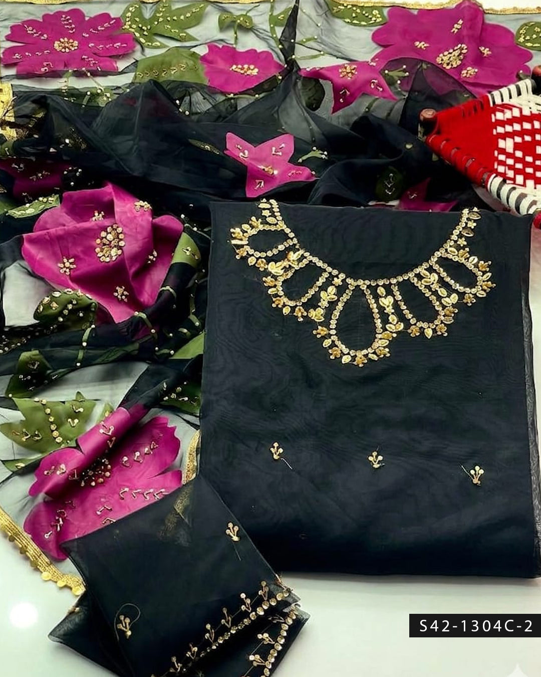 2PC Handmade Organza Dress with Stones, Beads & Zari Work with Oil-Painted Dupatta