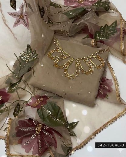 2PC Handmade Organza Dress with Stones, Beads & Zari Work with Oil-Painted Dupatta