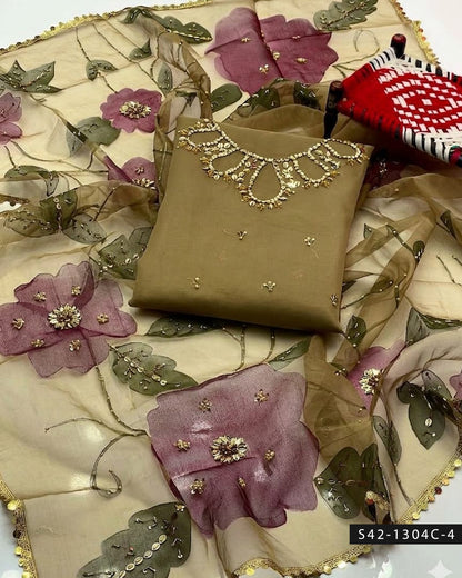 2PC Handmade Organza Dress with Stones, Beads & Zari Work with Oil-Painted Dupatta