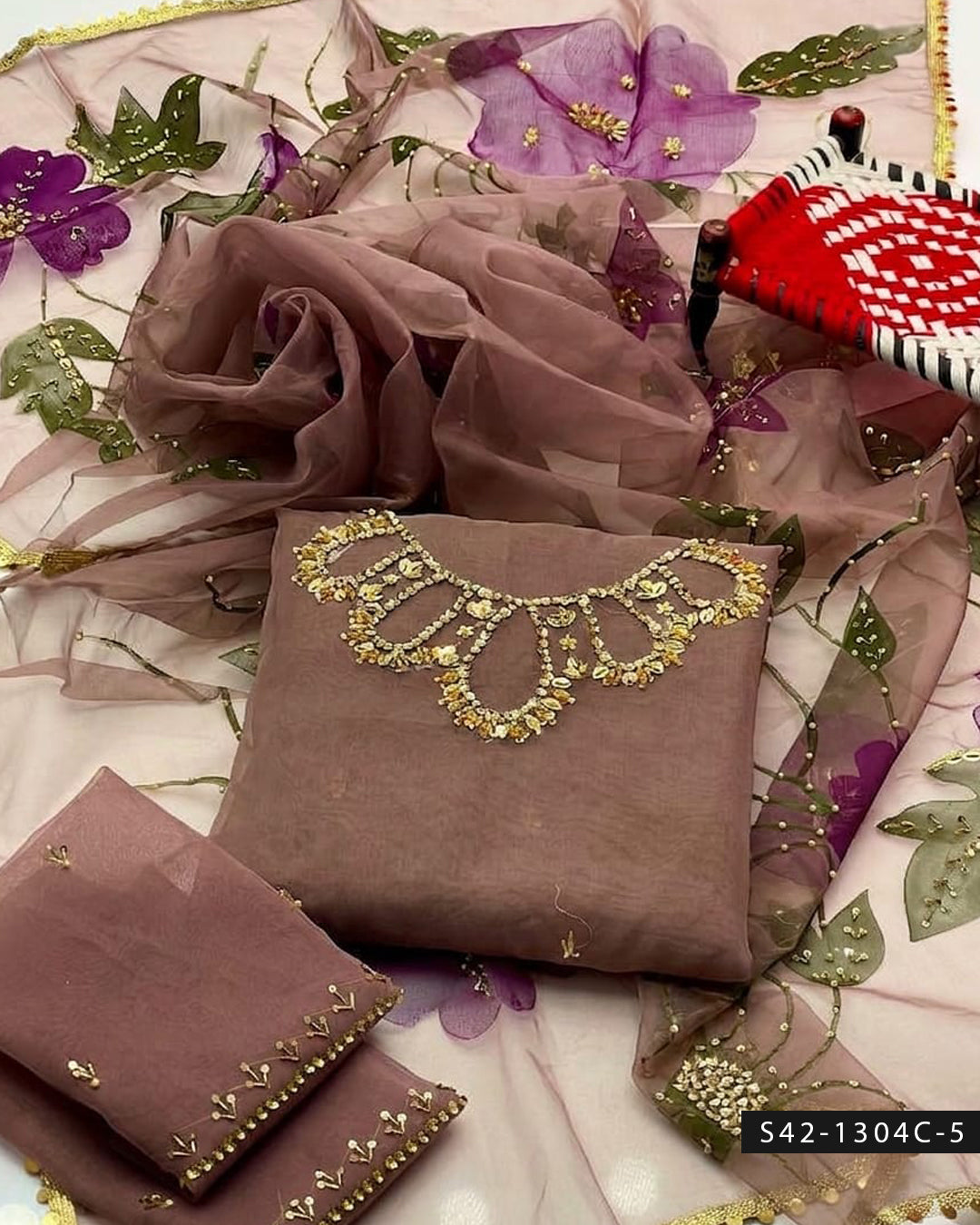 2PC Handmade Organza Dress with Stones, Beads & Zari Work with Oil-Painted Dupatta