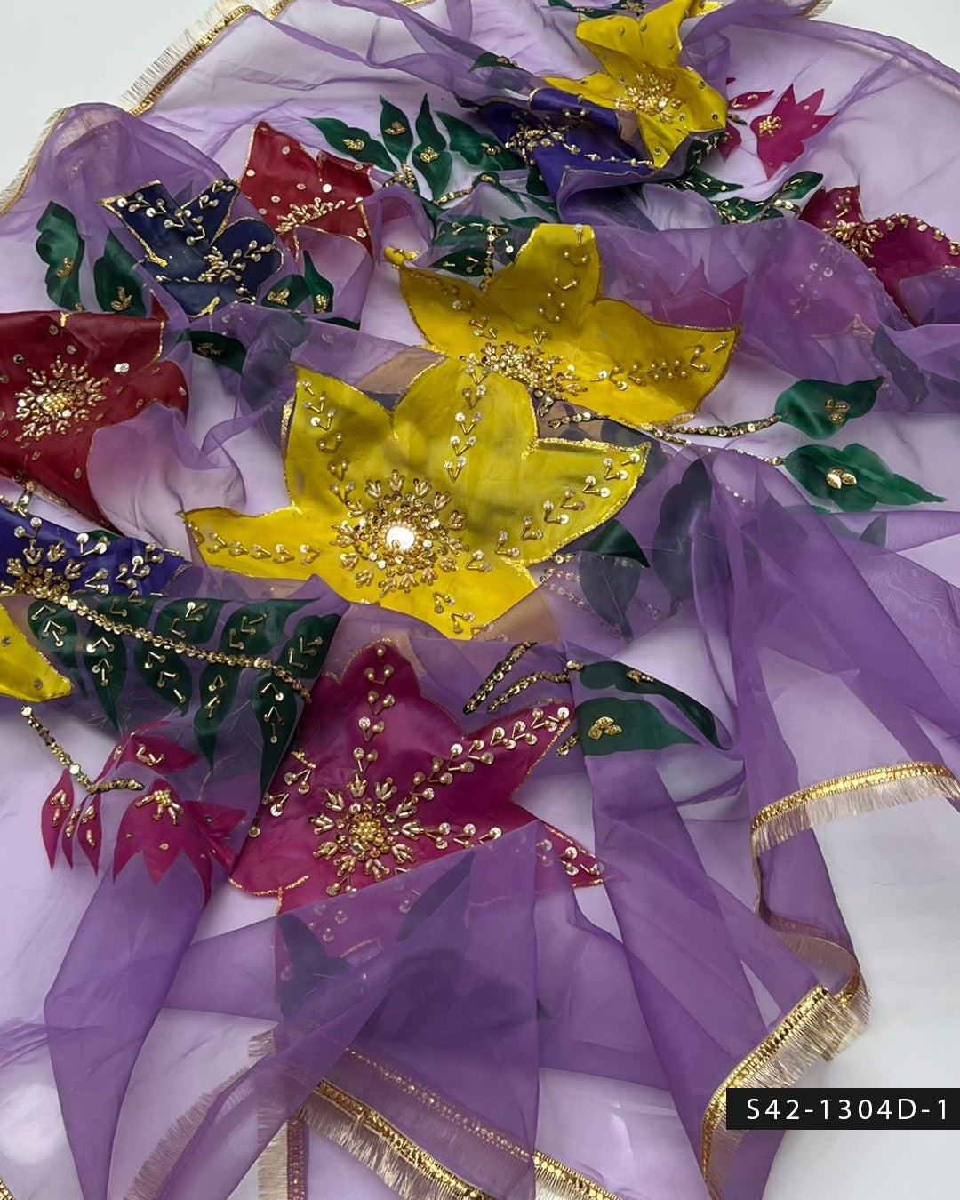 Handpaint Organza Dupatta with Nagina Beads, Cut Dana & Mirror Work