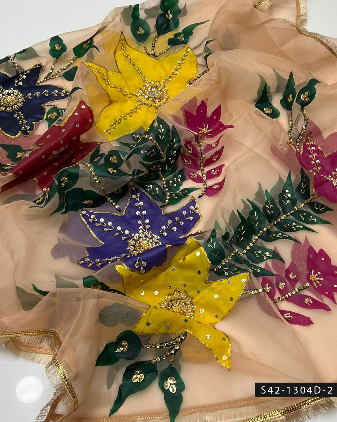 Handpaint Organza Dupatta with Nagina Beads, Cut Dana & Mirror Work