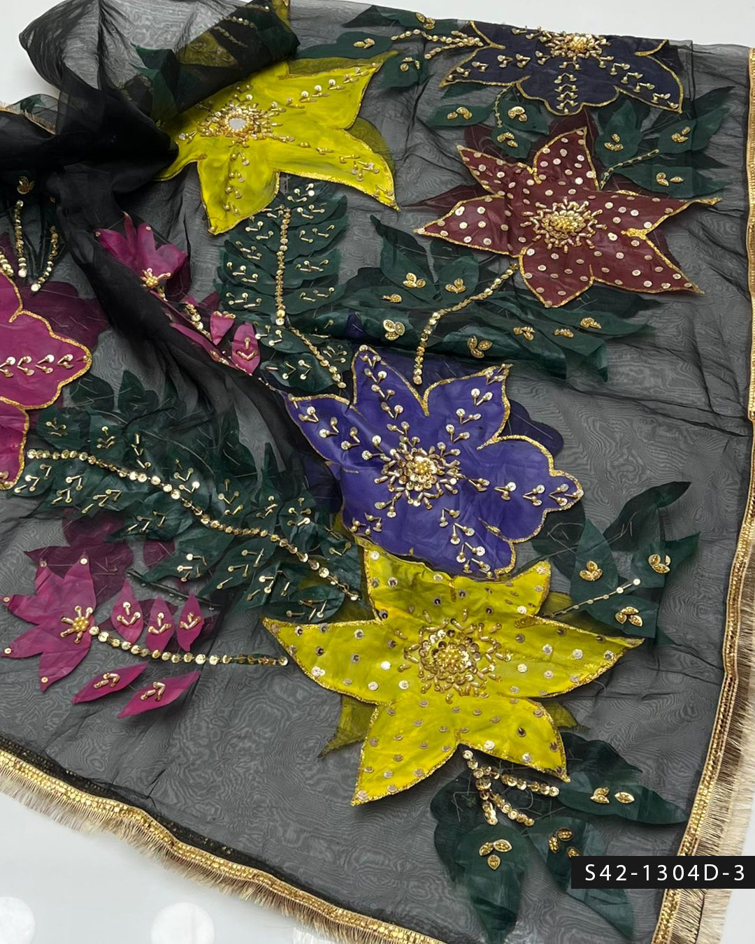 Handpaint Organza Dupatta with Nagina Beads, Cut Dana & Mirror Work
