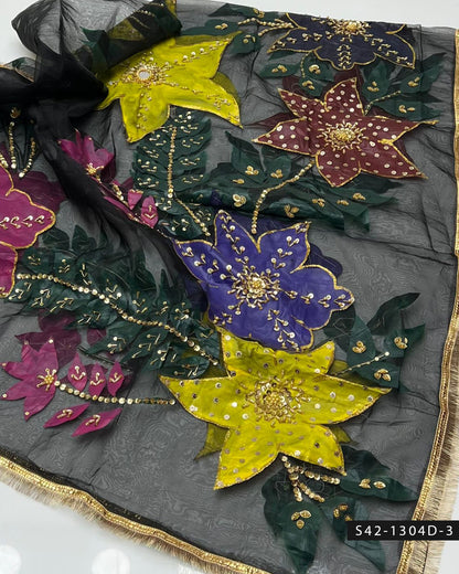 Handpaint Organza Dupatta with Nagina Beads, Cut Dana & Mirror Work