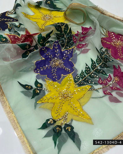 Handpaint Organza Dupatta with Nagina Beads, Cut Dana & Mirror Work